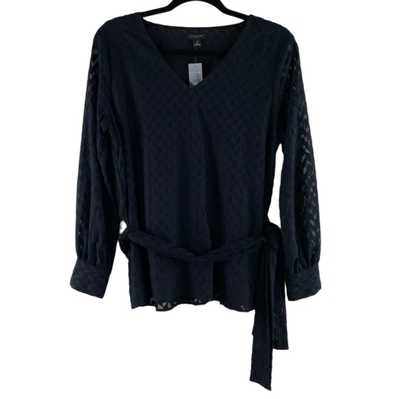 Ann Taylor Women’s Black Sheer Herringbone Long Sleeve Blouse Belted Blouse SzMP - Picture 1 of 7